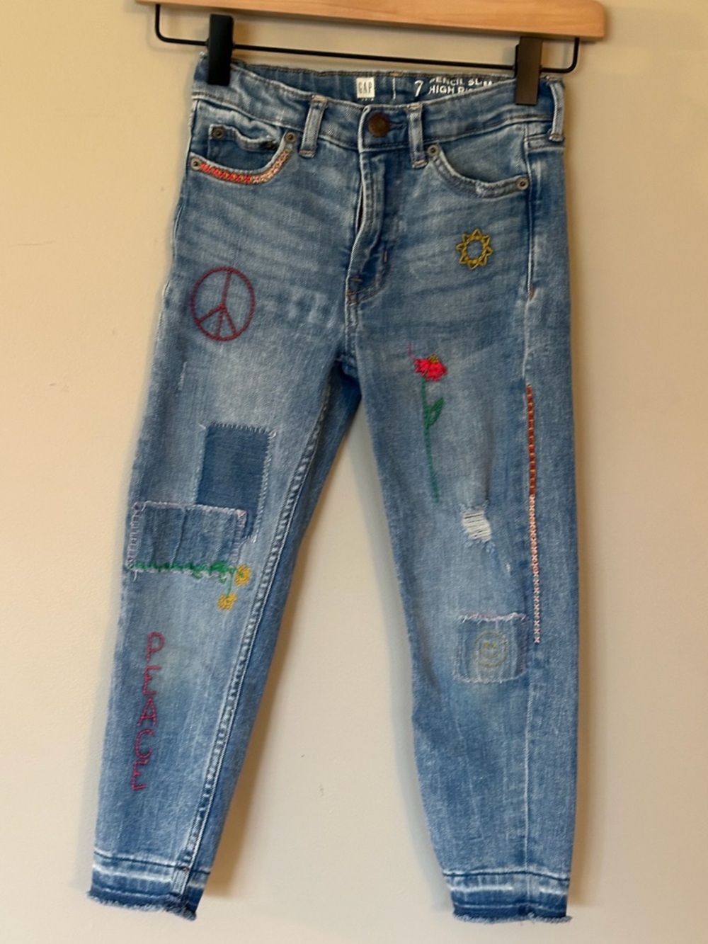 Girls Pencil Slim Ankle High Rise Patchwork Embroidered Jeans
